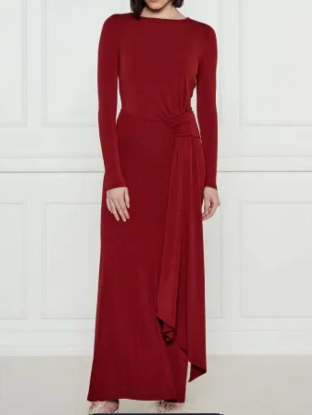 Guess by Marciano Wine-Red Long Sleeve Maxi Dress with Side Drape